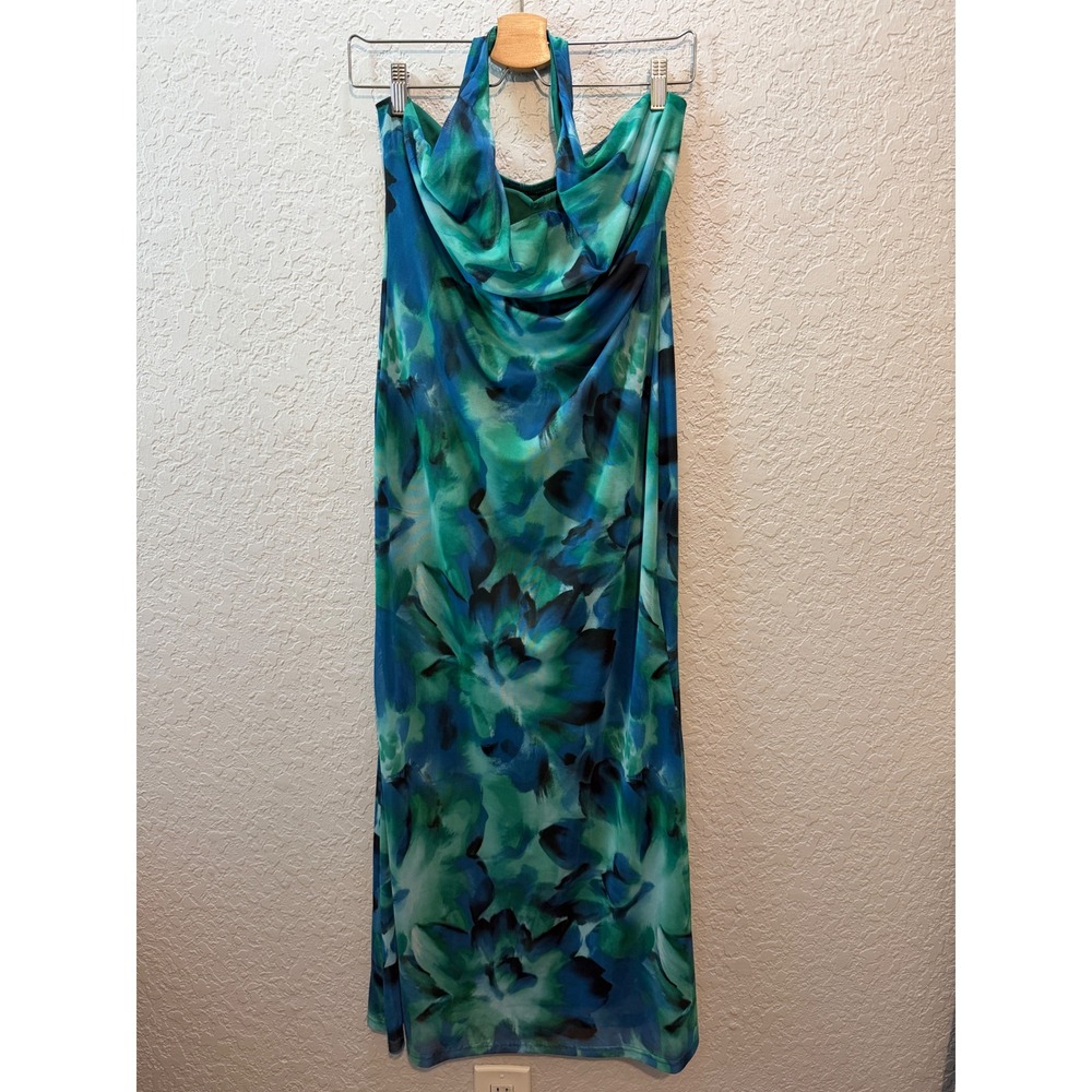 ZESICA Floral Halter Cowl Neck Maxi Dress L Y2K Tropical Boho Mesh Summer